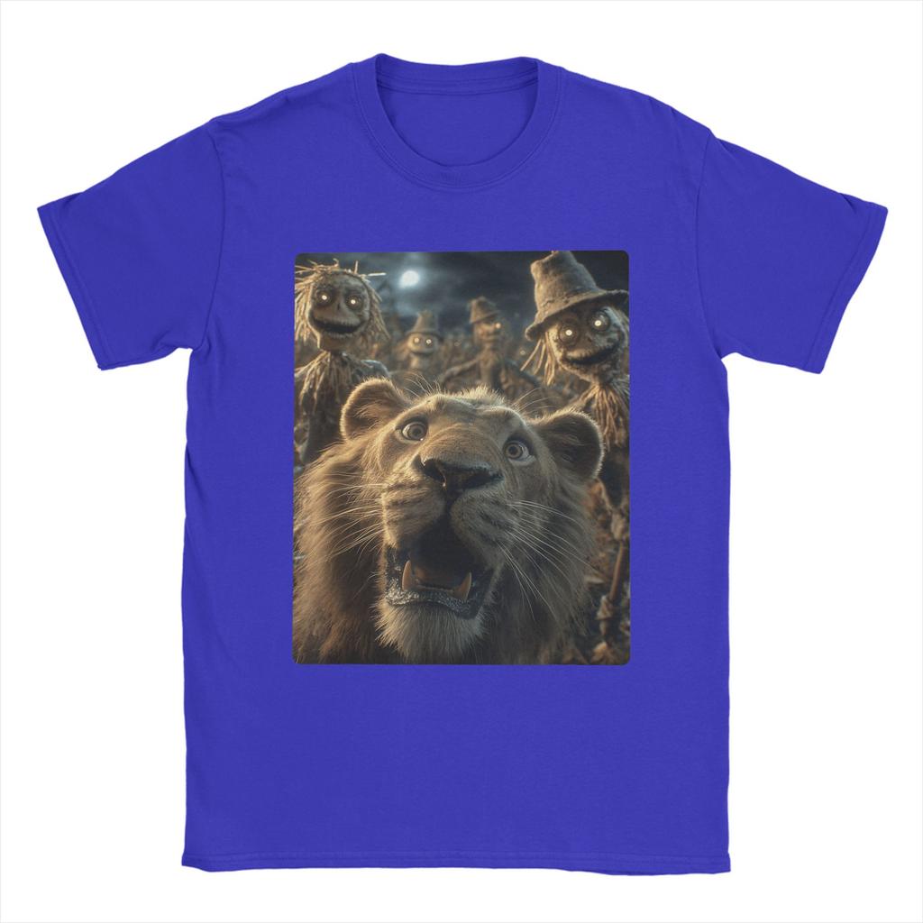 Men T-Shirts Funny Lion Selfie With Scarecrows Novelty Cotton Tee Shirt Scary Halloween T Shirt Crewneck merchandise Plus Size
