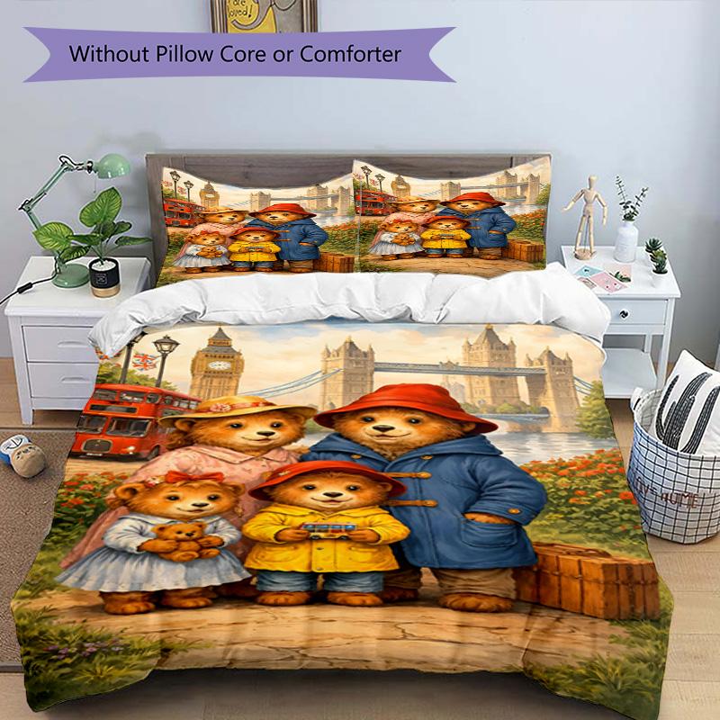 3pcs Duvet Cover Set (1*Duvet Cover + 2*Pillowcase, Without Core), Paddington Bear Print Bedding Set, Bedroom Decor, All‑Season, Birthday Gift