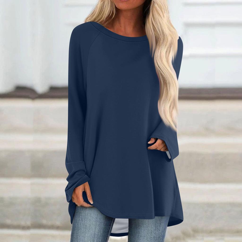 Women's Fashionable Loose Mid-length Round Neck Pullover Solid Color Raglan Sleeves Long-sleeved Casual Top