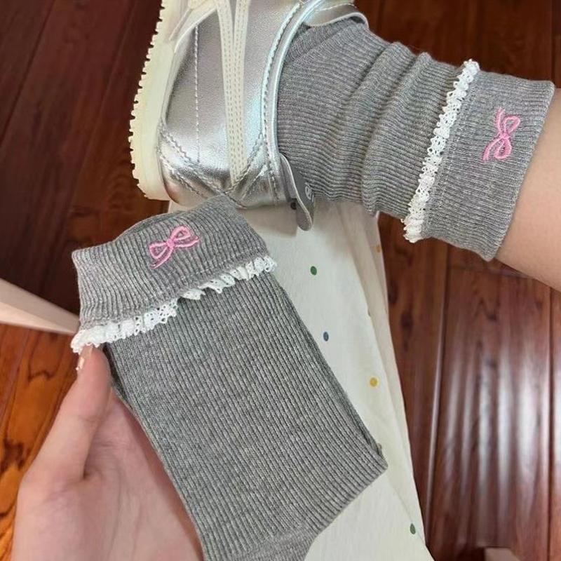 Simple All-Match Girly Cotton Socks Lace Bow Sweet Sock Casual Breathable Sweat-Wicking Mid-Tube Socks Accessories Gifts