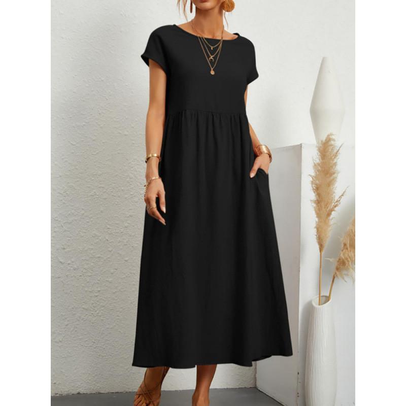 Minimalist Cotton Linen Dress With Pockets For Spring Casual Wear