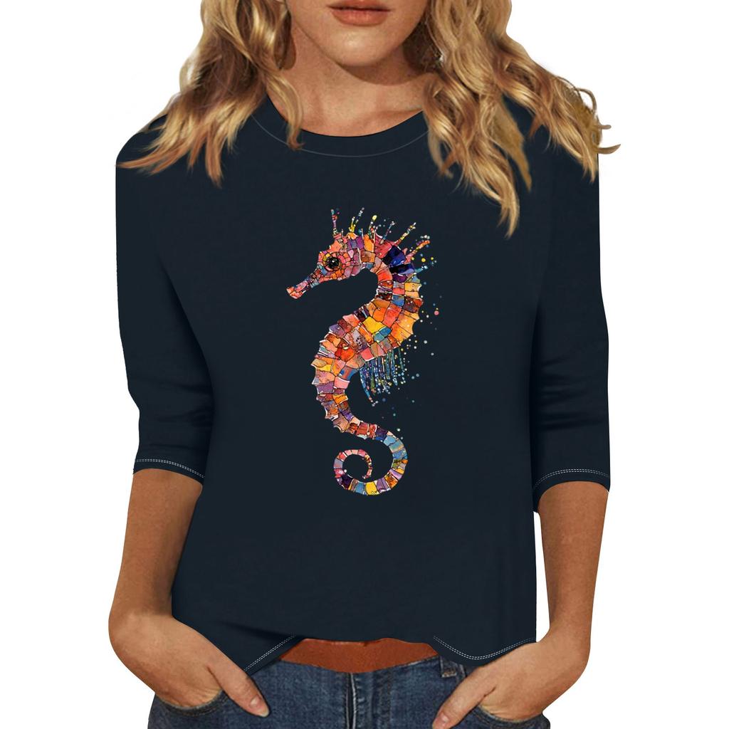 Женская мода повседневная три четверти рукава гиппокамп печать круглый вырез пуловер топ