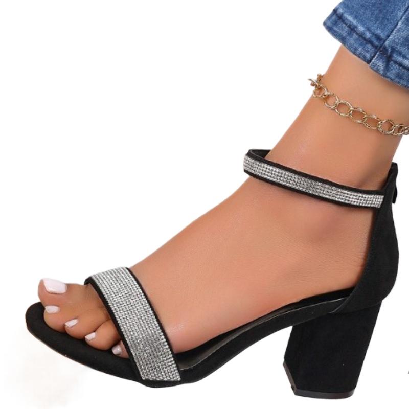 2024 женская обувь, летние высококачественные однотонные женские сандалии с открытым носком, большие размеры, женские босоножки на высоком каблуке с пряжкой и пайетками