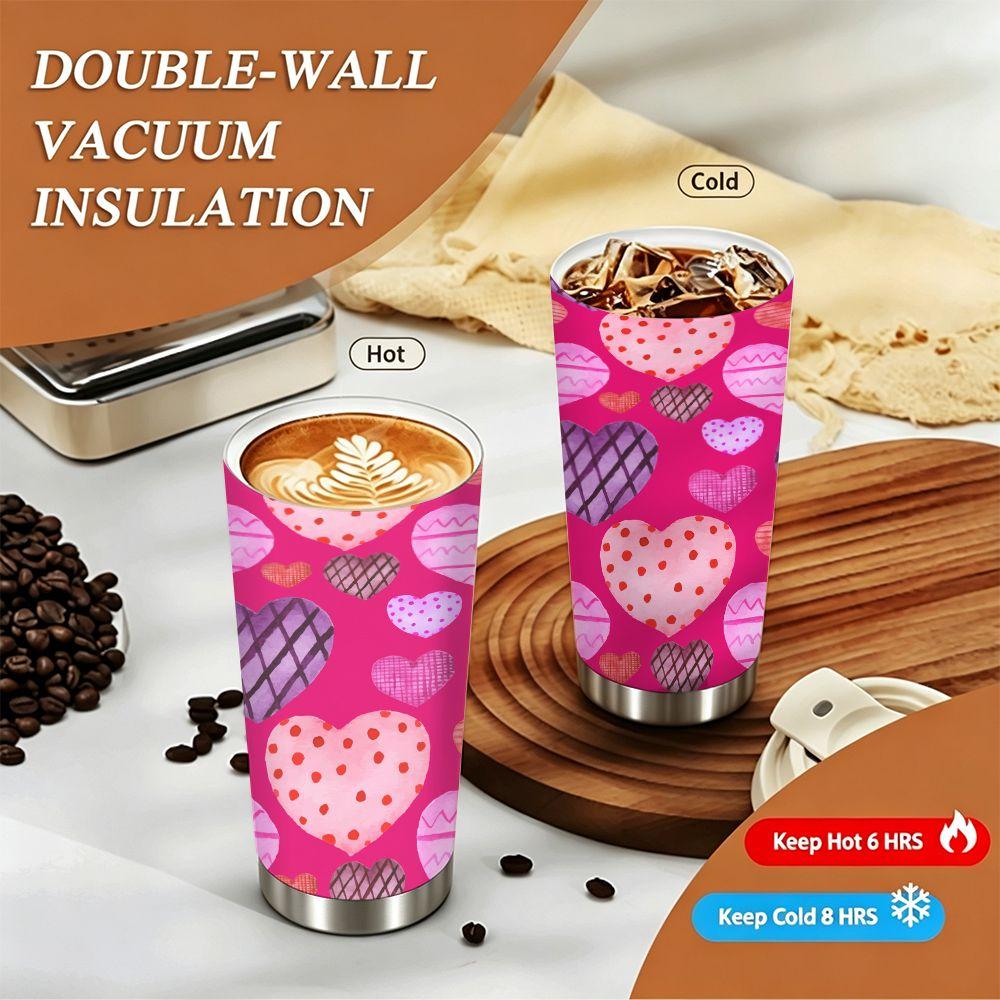 Watercolor Pink Heart Pattern Insulated Coffee Tumbler Stainless Steel Travel Mug Reusable Cup for Valentine Gift Office School