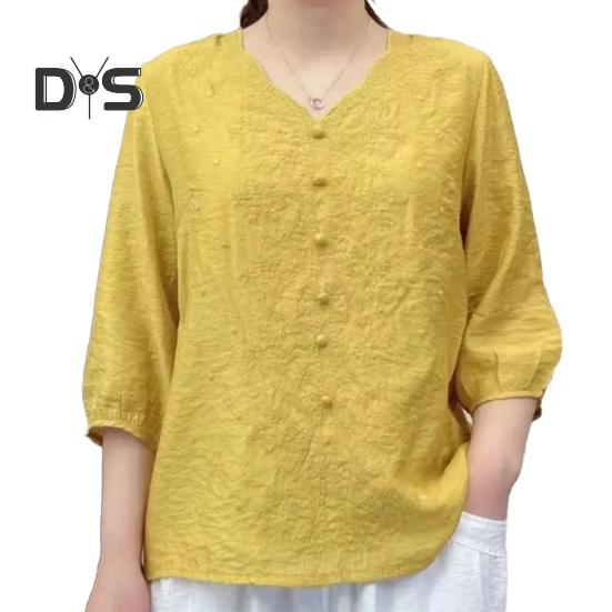 Women Shirt V-neck Half Sleeve Embroidery Floral Pattern Loose Fit Tops Solid Color Casual Blouse Daily Wear