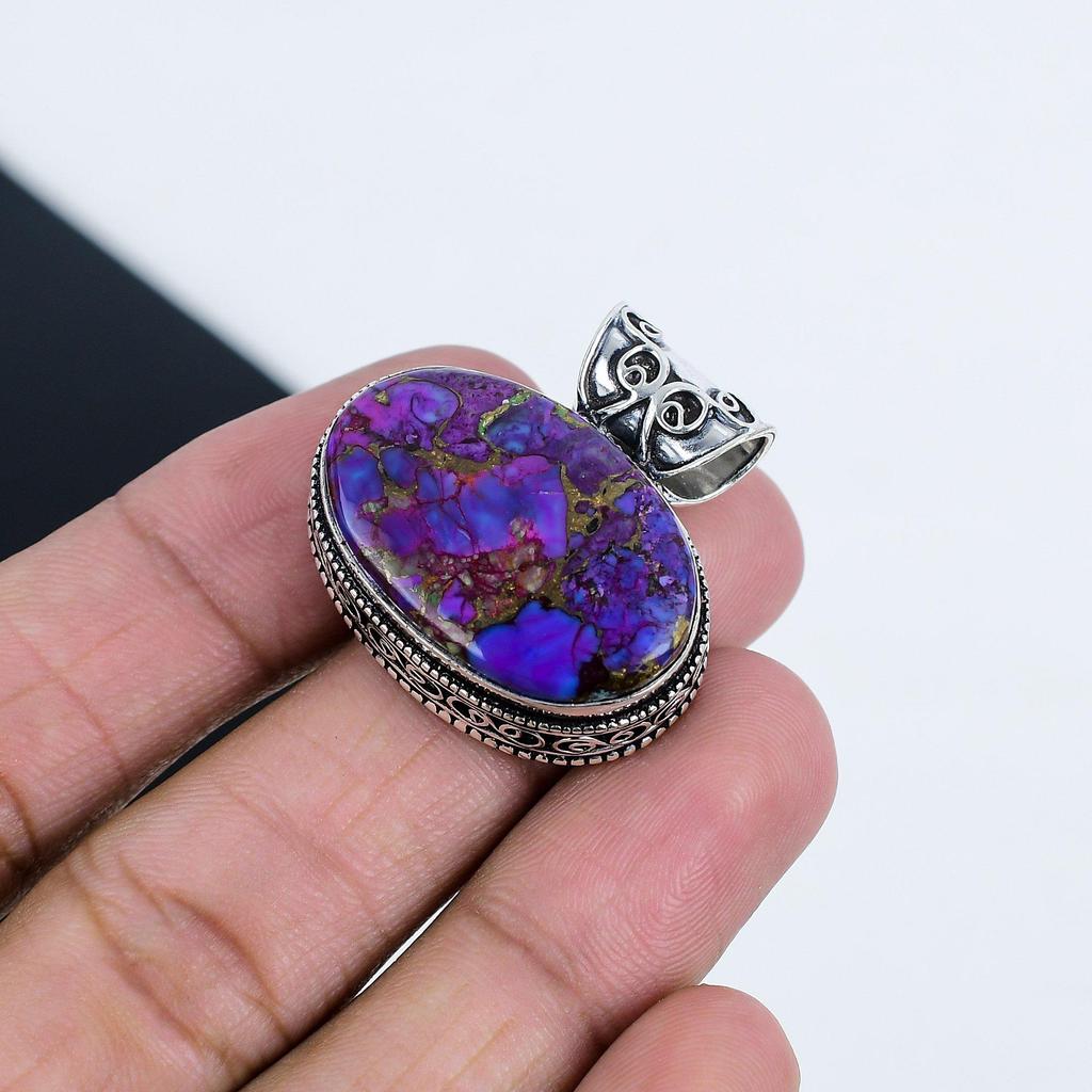 Серебряный кулон с фиолетовым медным бирюзовым камнем из стерлингового серебра 925 пробы — овальный дизайн ручной работы, повседневное ювелирное украшение в подарок жене
