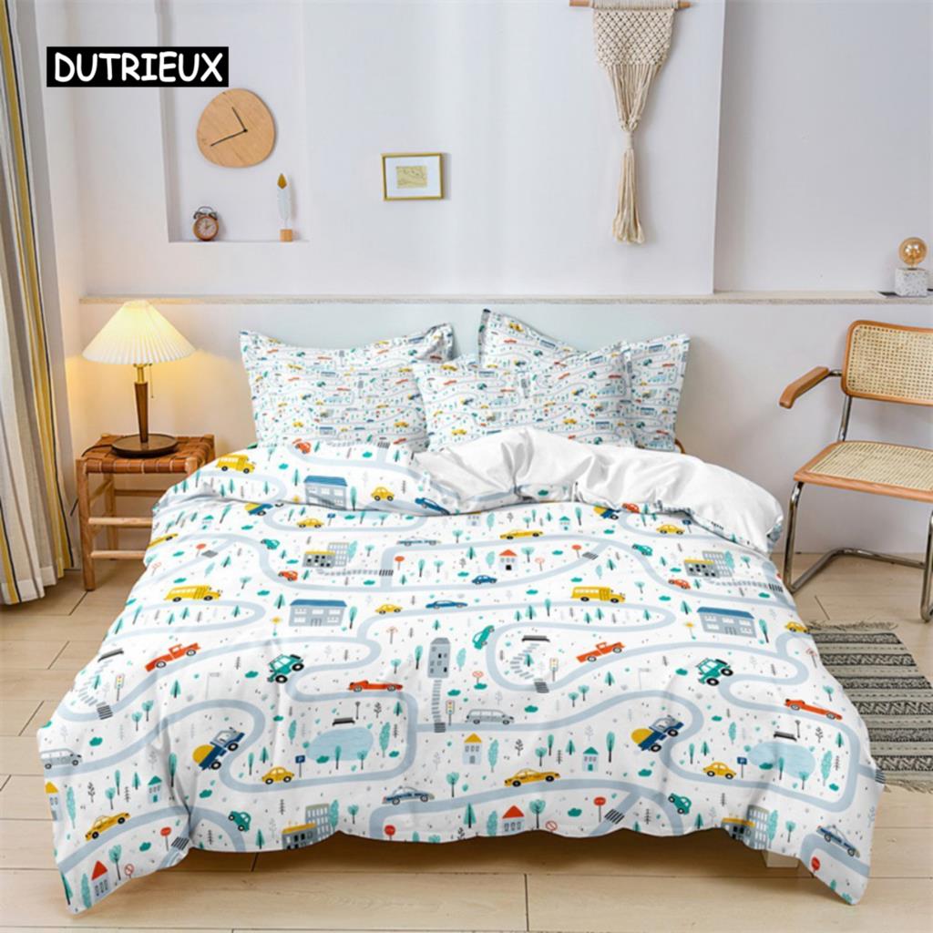 Пододеяльник с изображением машинки из мультфильма для мальчиков, комплект постельного белья, строительная техника, покрывало для одеяла, детская мультяшная техника, грузовик, мягкий полиэстеровый декор