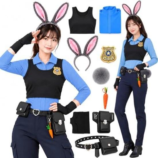 Sunaswift Rabbit Police Costume 9-Piece Set Halloween Cosplay Adult Womens Officer Outfit Animal Bunny Ears Tail Free Size Party Photography