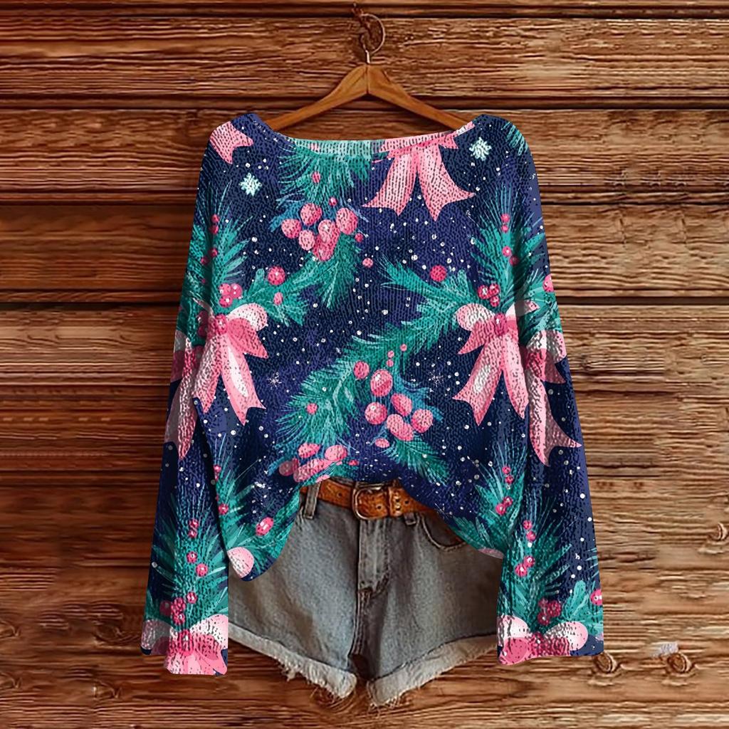 Women's Christmas Print Lightweight Sweater Casual Long Sleeve Knitted Pullover