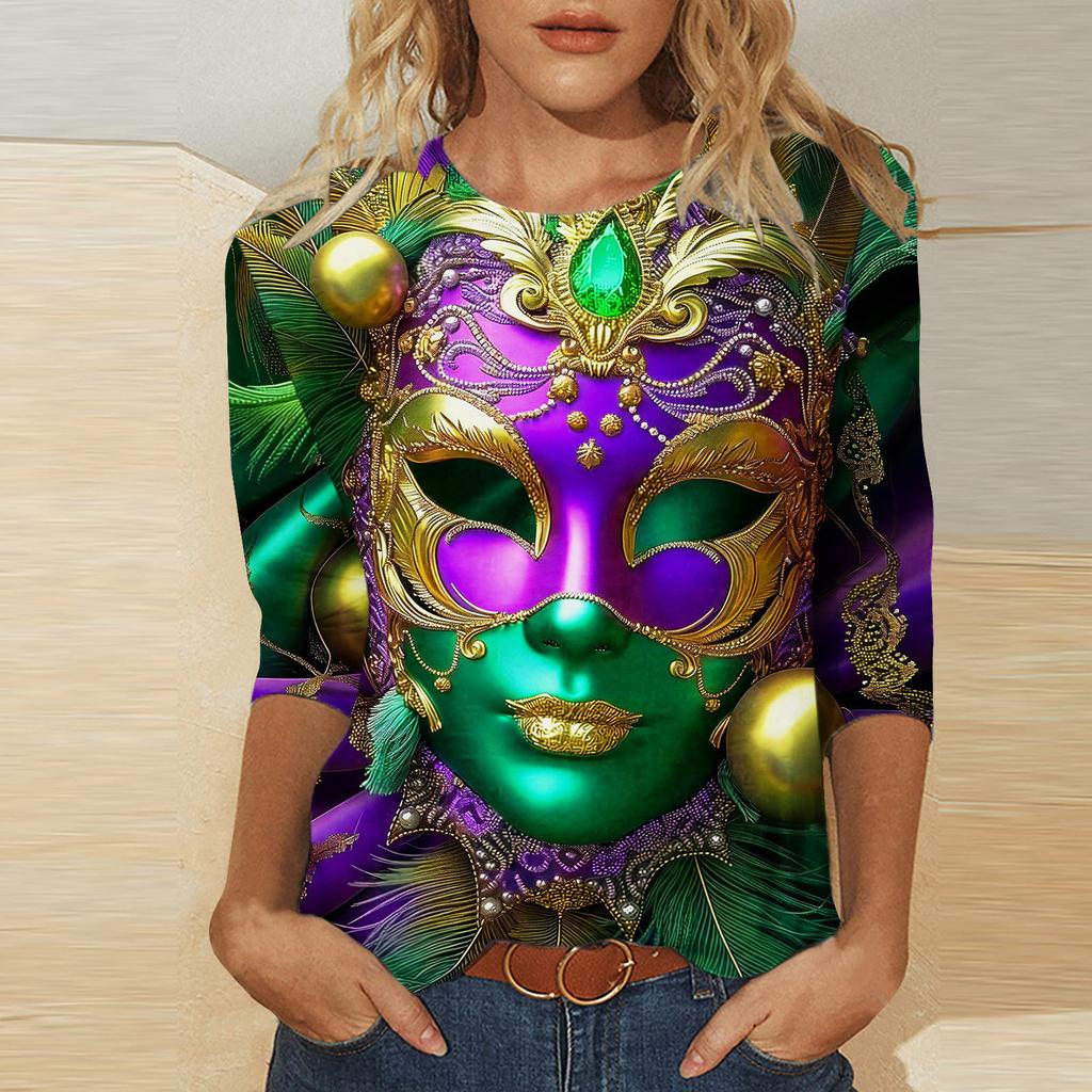 Round Neck 3D Mask Printed Top Fashionable Casual Long Sleeved Women's T-shirts