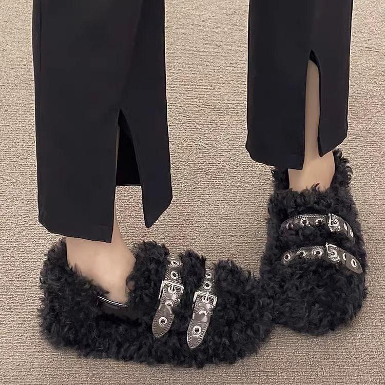 Женская обувь, осенние лоферы без шнуровки, женские повседневные меховые кроссовки с квадратным носком, осенняя зимняя обувь без шнуровки с неглубоким носком