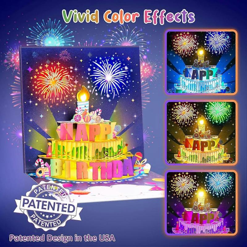 Birthday Cards Fireworks Pop Up Cake Blowable Light and Music Happy Birthday Card Gifts for Women Men Mom Kids less