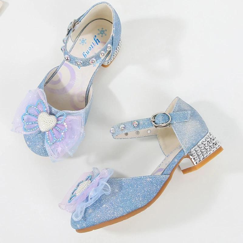2024 Children High Heels Sandals Summer Girls Causal Wedding Party Princess Shoes Fashion Sequins Lace Bowtie Kids Dress Sandals