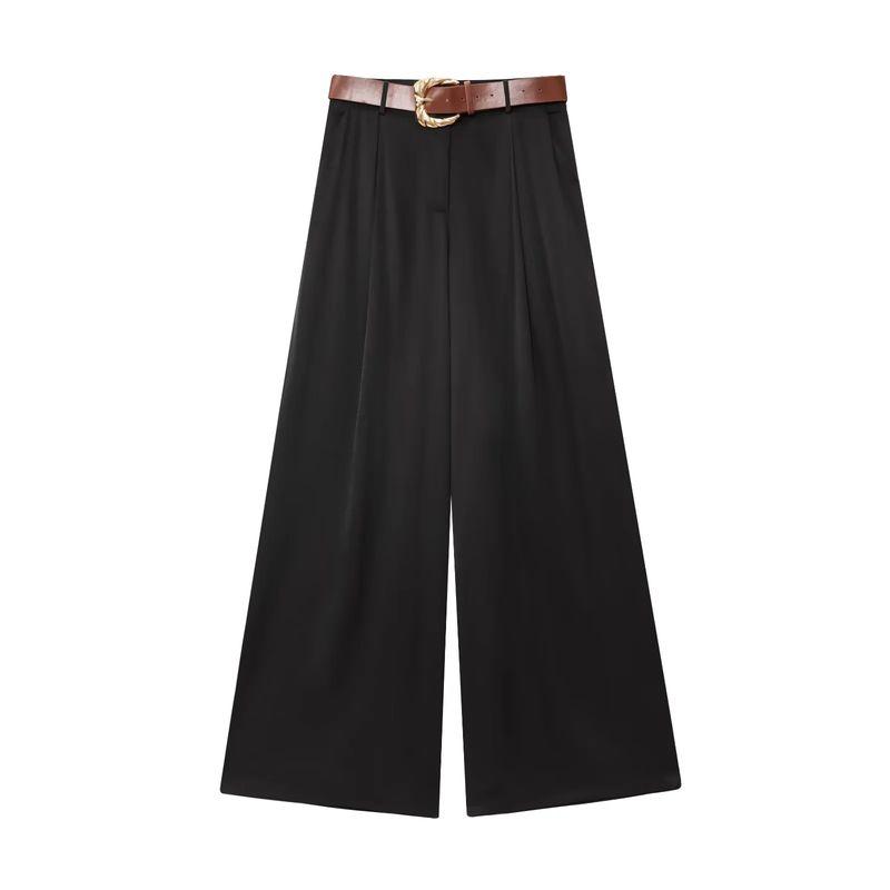 Summer Women's Pleated Decoration High Waist Vertical Matching Belt Silk Satin Texture Wide-Leg Casual Pants 3533556