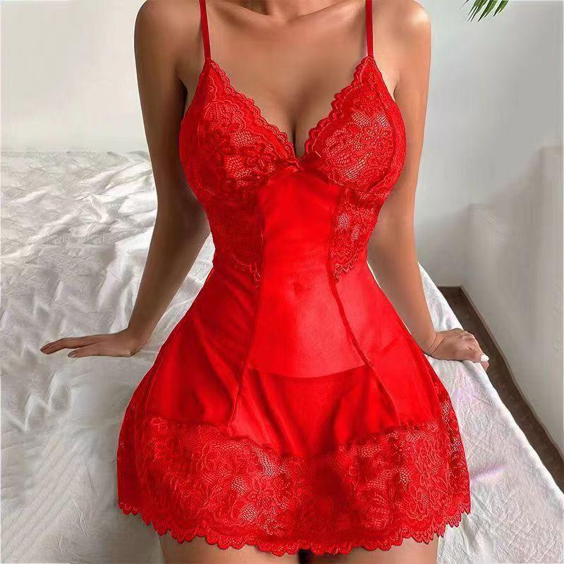 Summer Halter Nightgown Transparent Red Lingerie Female Sexy Pajamas Tulle Comfortable Night Dress Women Pajama G-string Set