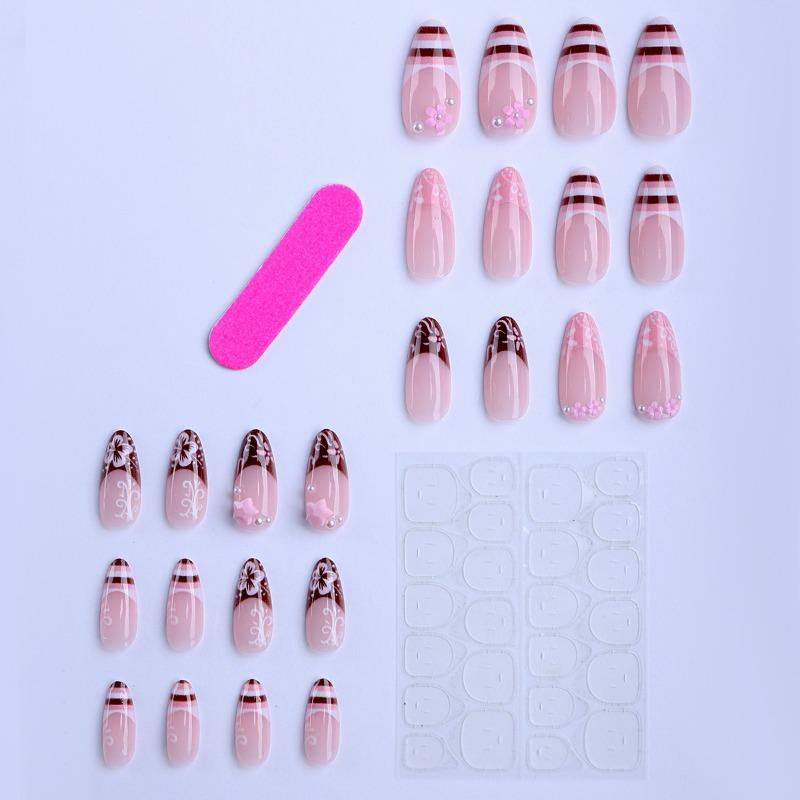 24Pcs Pink 3D Flower Star French False Nails Brown Stripes Retro Almond Press On Nails Sweet Acrylic Manicure