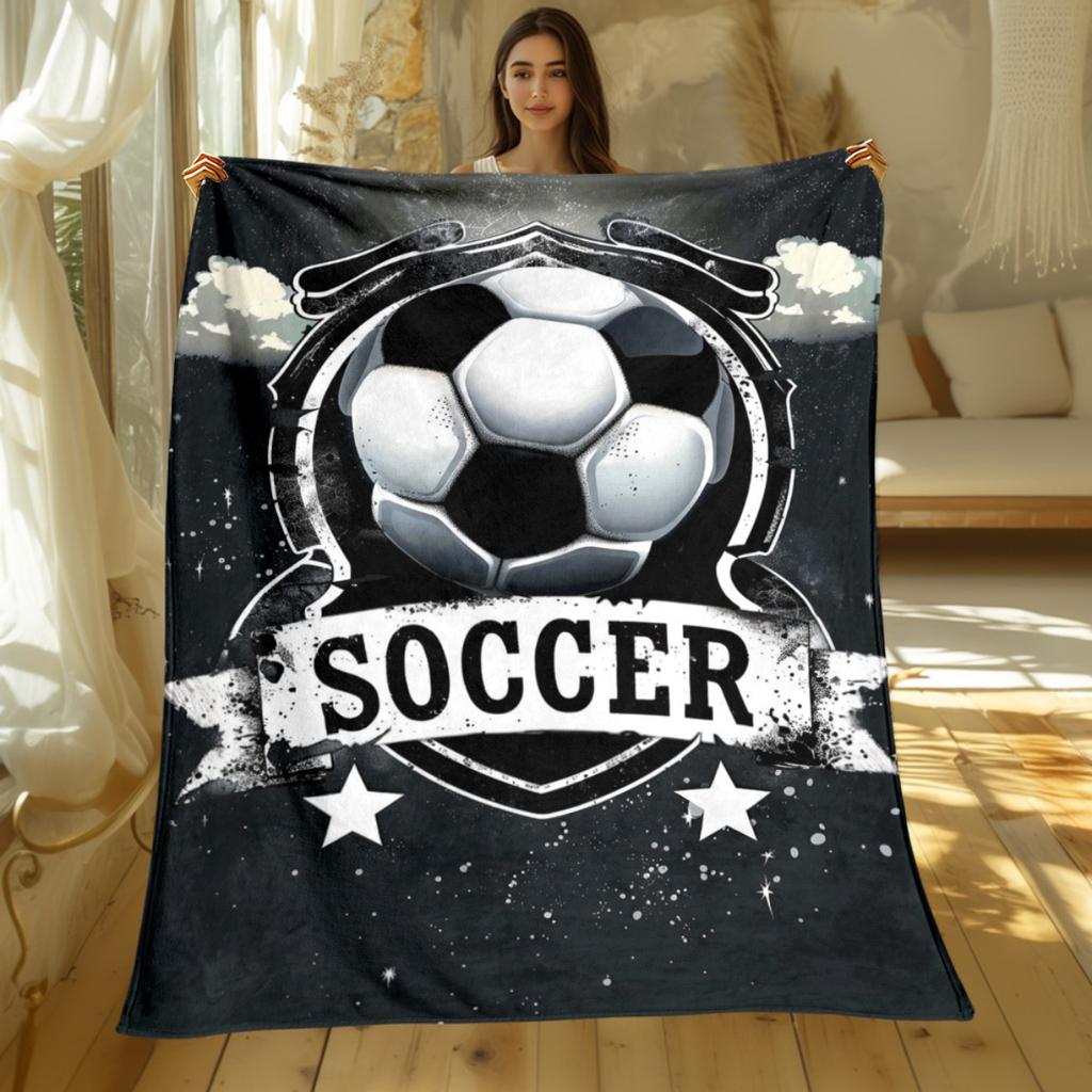 1pc Soccer ball shield stars black background blanket flannel throw blanket football fan gift sporty home decor cozy bedding