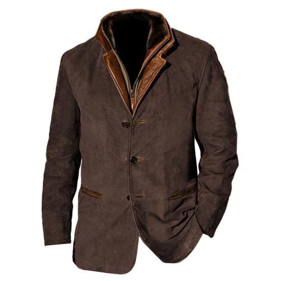 Зимняя мужская куртка осень ретро пэчворк поддельные две части поддельные карманы однобортный кардиган длинный рукав толстый плюш однотонный лацкан большой размер для мужчин