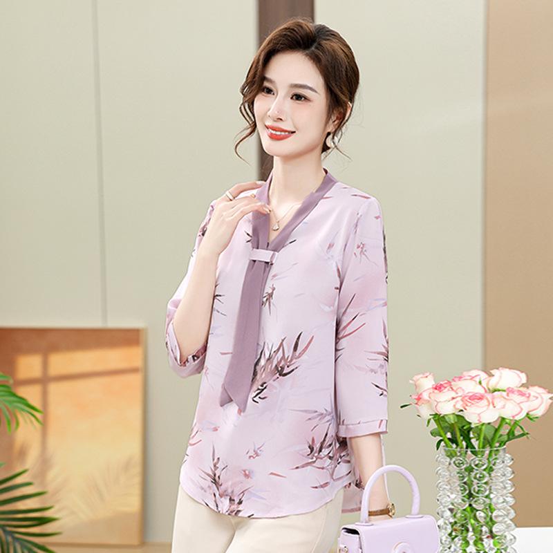 Летняя шифоновая рубашка с рукавами семь четвертей для мам среднего возраста, футболка в иностранном стиле, женская рубашка на весну и лето 2024 года, новая база