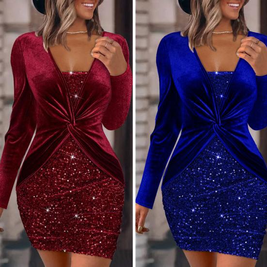Lady Dress Low-cut Deep V Neck Tight Plus Size High Waist Knot Pleated Sexy Shiny Powder Long Sleeve Sheath