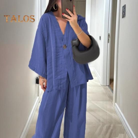 Женский свободный комплект из двух частей, рубашки с длинным рукавом и V-образным вырезом на одной пуговице, брюки с высокой талией, повседневный комплект для отдыха