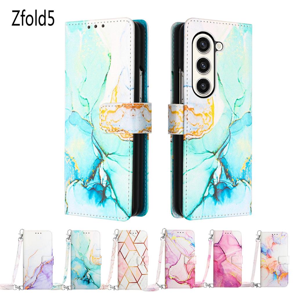 Кожаный чехол-кроссбоди с мраморным узором для Samsung Z Fold5/4 с карманом для карт и подставкой