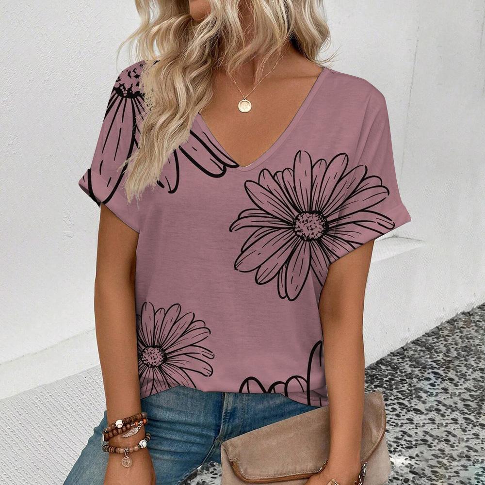 Женская футболка с коротким рукавом и V-образным вырезом Футболка с цветочным принтом в стиле ретро Модная футболка с коротким рукавом Летняя женская футболка для отдыха