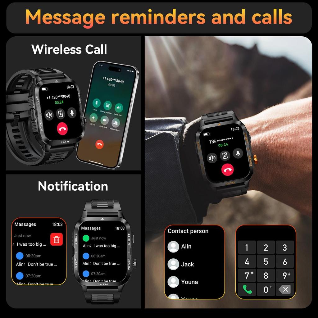 Умные часы, QTLLBT, спортивные часы на открытом воздухе, поддержка беспроводных звонков, удаленная съемка фотографий и управление музыкой, отслеживание более 100 спортивных режимов, мужской подарок