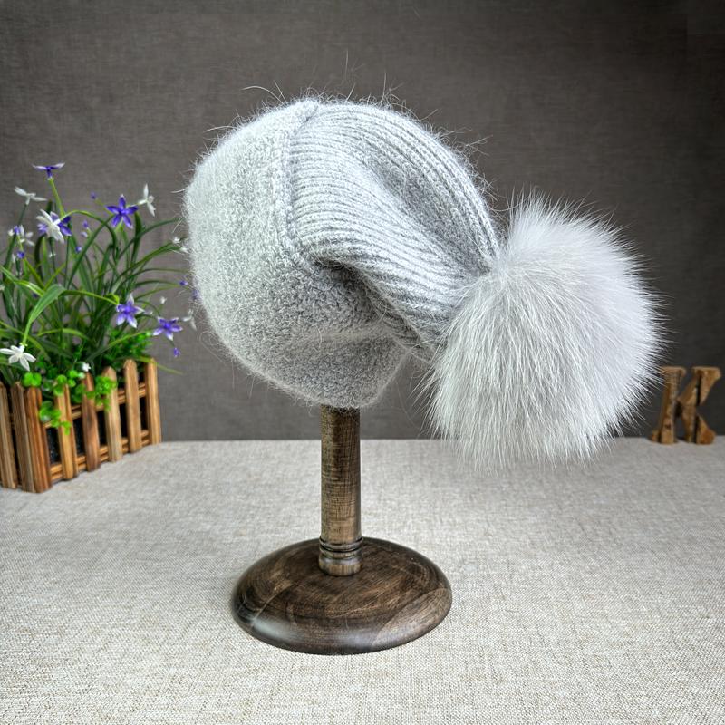 Korean Version Fox Fur Ball Knitted Hat Versatile Ear Protection Thickened Angora Rabbit Fur Flanked Plush Woolen Hat Trendy