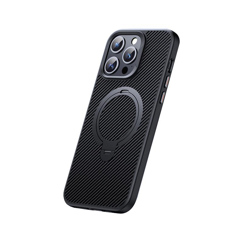 KEYSION Чехол из углеродного волокна с текстурой для MagSafe для iPhone 15 Pro Max 14 13 12 с вращающимся магнитным кольцом-подставкой, противоударный чехол для телефона