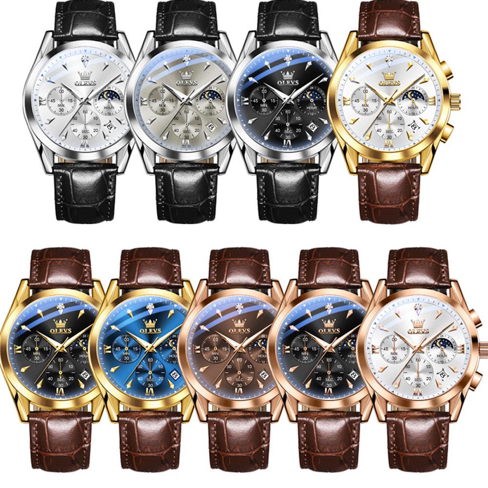 OLEVS 3609 Luxury Genuine Fashion Leather Strap Sports Multifunctional Chronograph Quartz Watch for Man