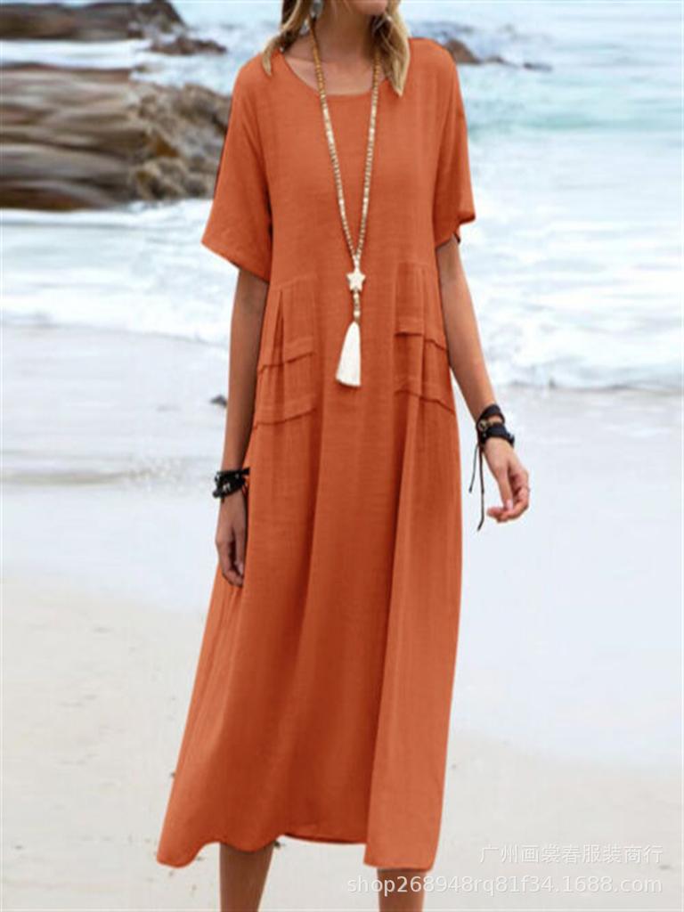 New Women's Cotton Pocket Casual Solid Color Short Sleeved Dress