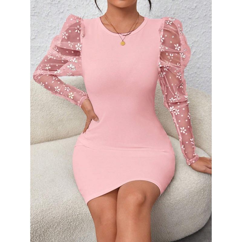 Women's Fashion Spring Fall Solid Color Print Long Sleeve O-Neck High Waist Casual Dresses