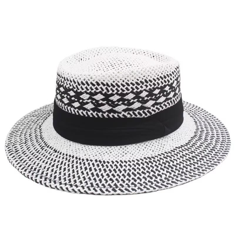 Summer straw hat female British style color matching concave top hand-woven travel big brim sun hat chic high-end top hat