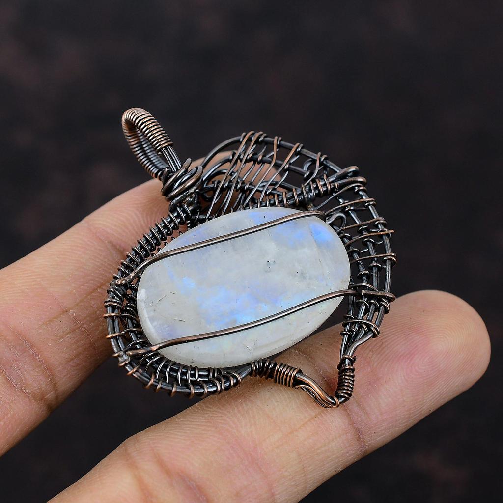 Подвеска Rainbow Moonstone, подвеска из медной проволоки с драгоценным камнем, подвеска ручной работы в стиле бохо, медная бижутерия, подвеска для подарка, ювелирные изделия с проволочной обмоткой