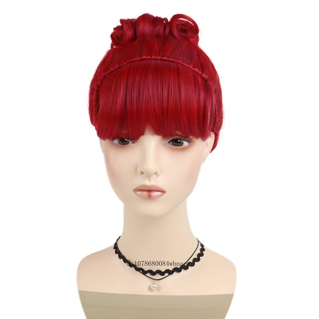 Synthetic Hair Red Updo Wig with Bangs and Bun Short Curly Wigs for Women Girls Halloween Costume Party Cosplay Heat Resistant