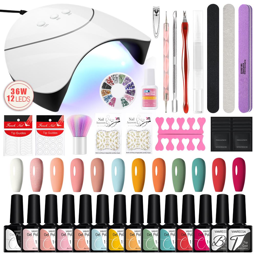 VANREESA Набор гель-лаков для ногтей, 12 цветов, чистый гель-лак и УФ-светодиодная лампа, набор для сушки геля, инструменты для дизайна ногтей, наклейки, лак для дизайна ногтей, маникюрный набор