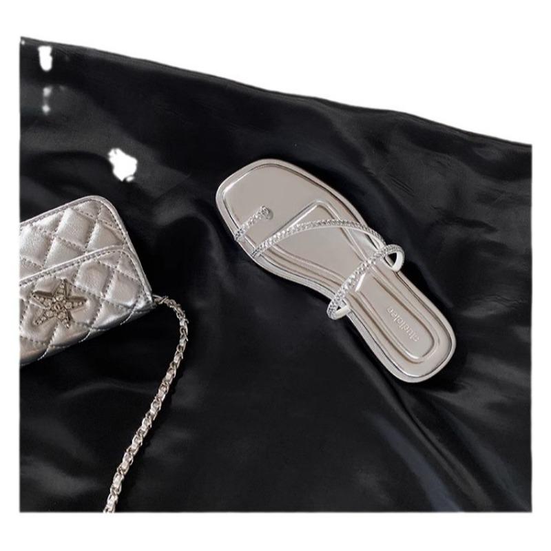 2024 Лето Новый Sparkling Water Diamond Toe Set Изысканные феи Стиль Плоская Подошва Тапочки для Женщин