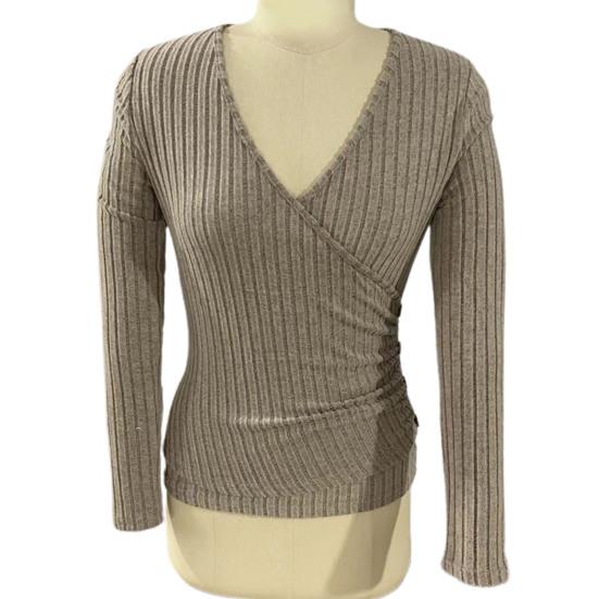 Женские осенние однотонные топы с глубоким v-образным вырезом и длинными рукавами, элегантные облегающие пуловеры с декором на пуговицах, топы в рубчик