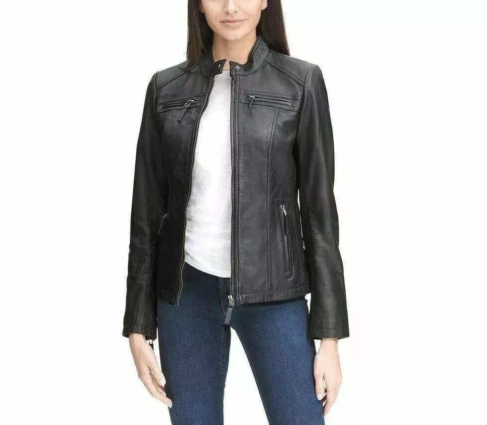 Кожаная Женская Куртка Ручной Работы Черная Натуральная Овчина Стильная Байкерская Мотоциклетная