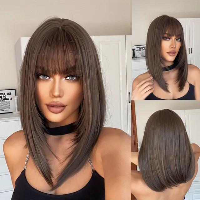 Прямой черный синтетический парик боб с челкой средней длины, многослойные парики для косплея для женщин, натуральные волосы, повседневный парик, термостойкий