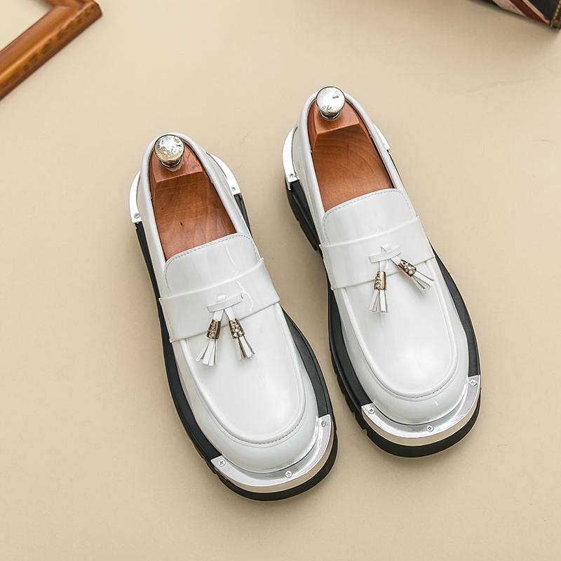 Классические мужские лоферы Черно-белые Мужские На толстой подошве Прочные Повседневные Удобные Модные Туфли с бахромой Социальные туфли Размеры 38-46