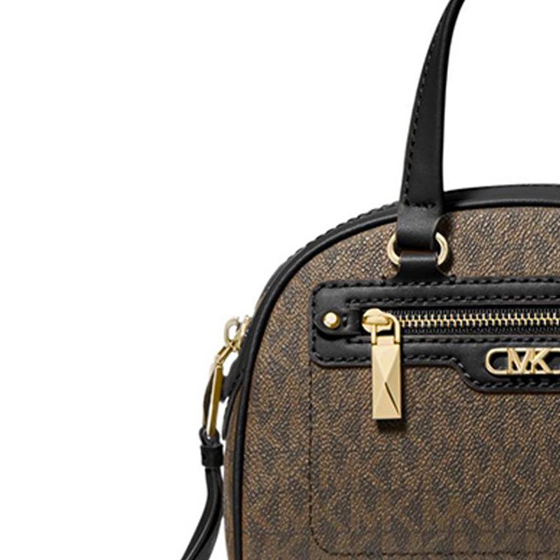 Michael Kors Williamsburg Классический Логотип Молния с Цепочкой Кожаная Отделка Сумка-Ракушка Мини Женские Сумки на Плечо Коричневый Черный 32F3G6WC0B-2137