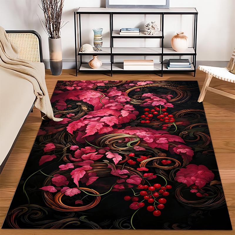 Floral Design Carpet with Pink Leaves and Berries on Black Background Suitable for use as an anti-slip for living room bedroom sofas