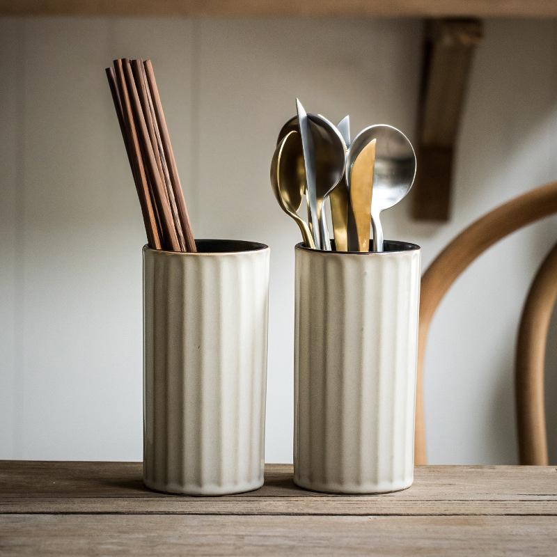 Vintage Ceramic Utensil Holder with Drainage Holes - Practical Kitchen Cutlery Storage Crock for Knife, Fork, Spoon