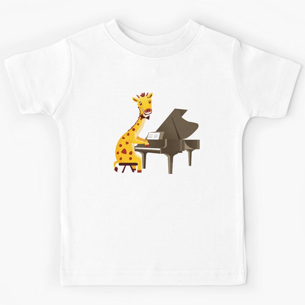 Funny giraffe playing music with grand piano Kids T-Shirt
