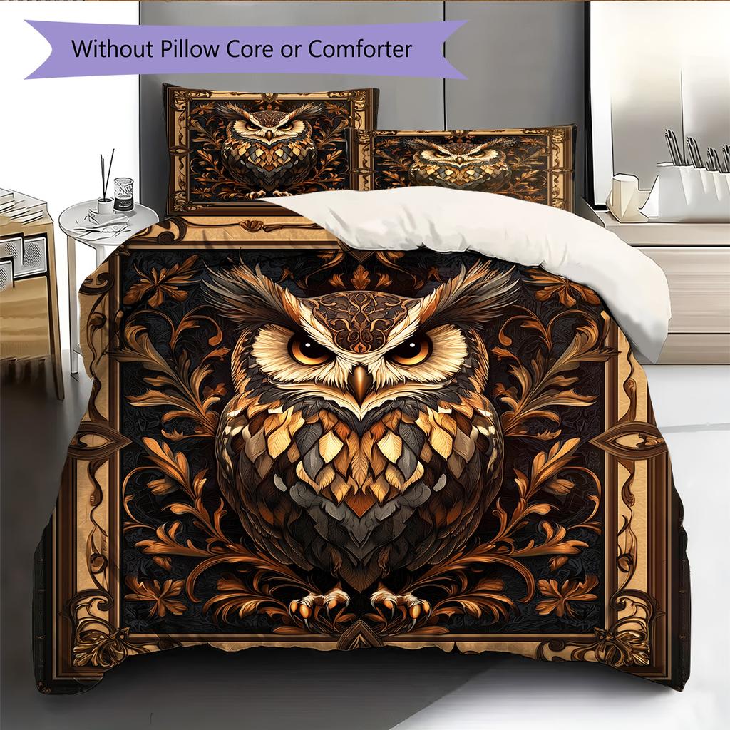 Retro Patterned Owl Pattern Bedding Quilt Set Quilt Cover Pillowcase Home Decoration Gift (1 * duvet cover + 2 * pillowcase, without core)
