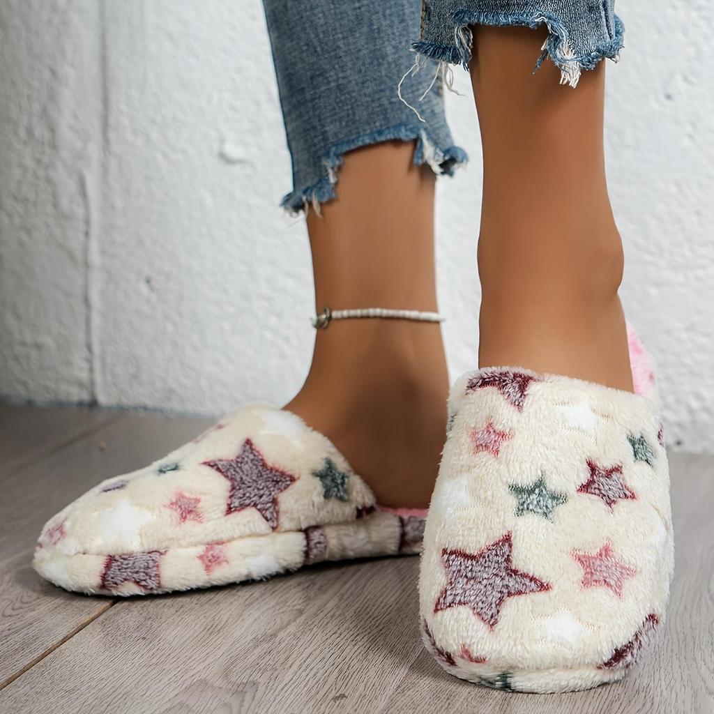 Теплые и удобные плюшевые тапочки с красочным звездным узором для осени и зимы