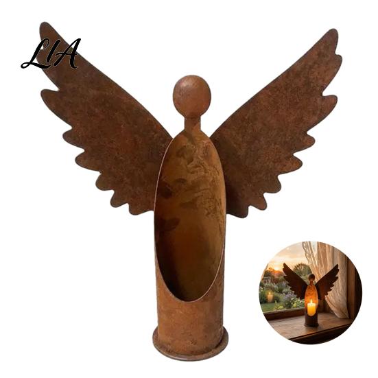 Garden Patio Ornament Decor Rusted Angel Candle Holder, Vintage Metal Tealight Candelabra, Church Rustic Weather?Resistant Statue, Indoor