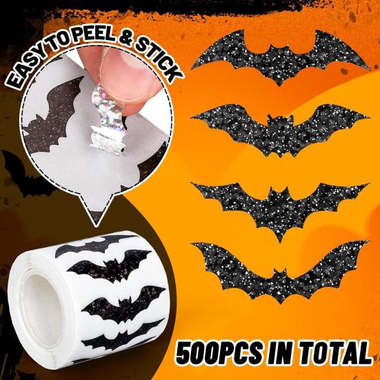 500 Pcs Halloween Bat Sticker Rolls Sparkly Pink Black Bat Decals Reusable Laptop Stickers for Coloring Book Scrapbook Envelope Journal Decor